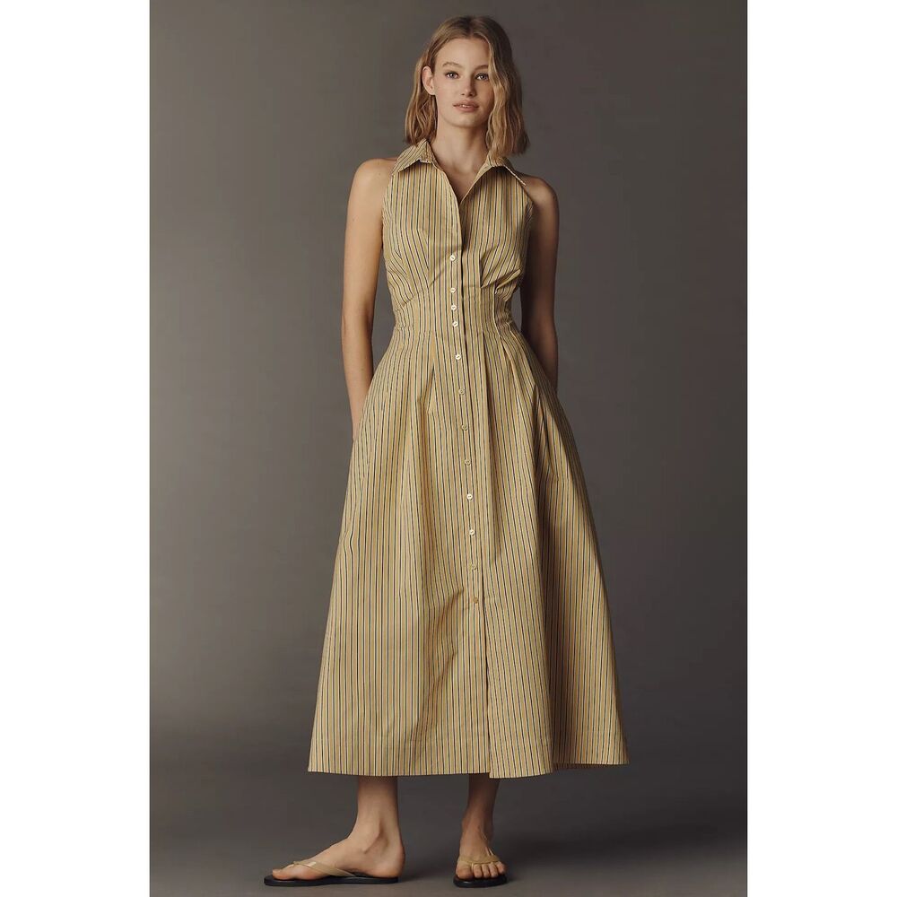 Anthropologie Beige Striped Midi Shirt Dress